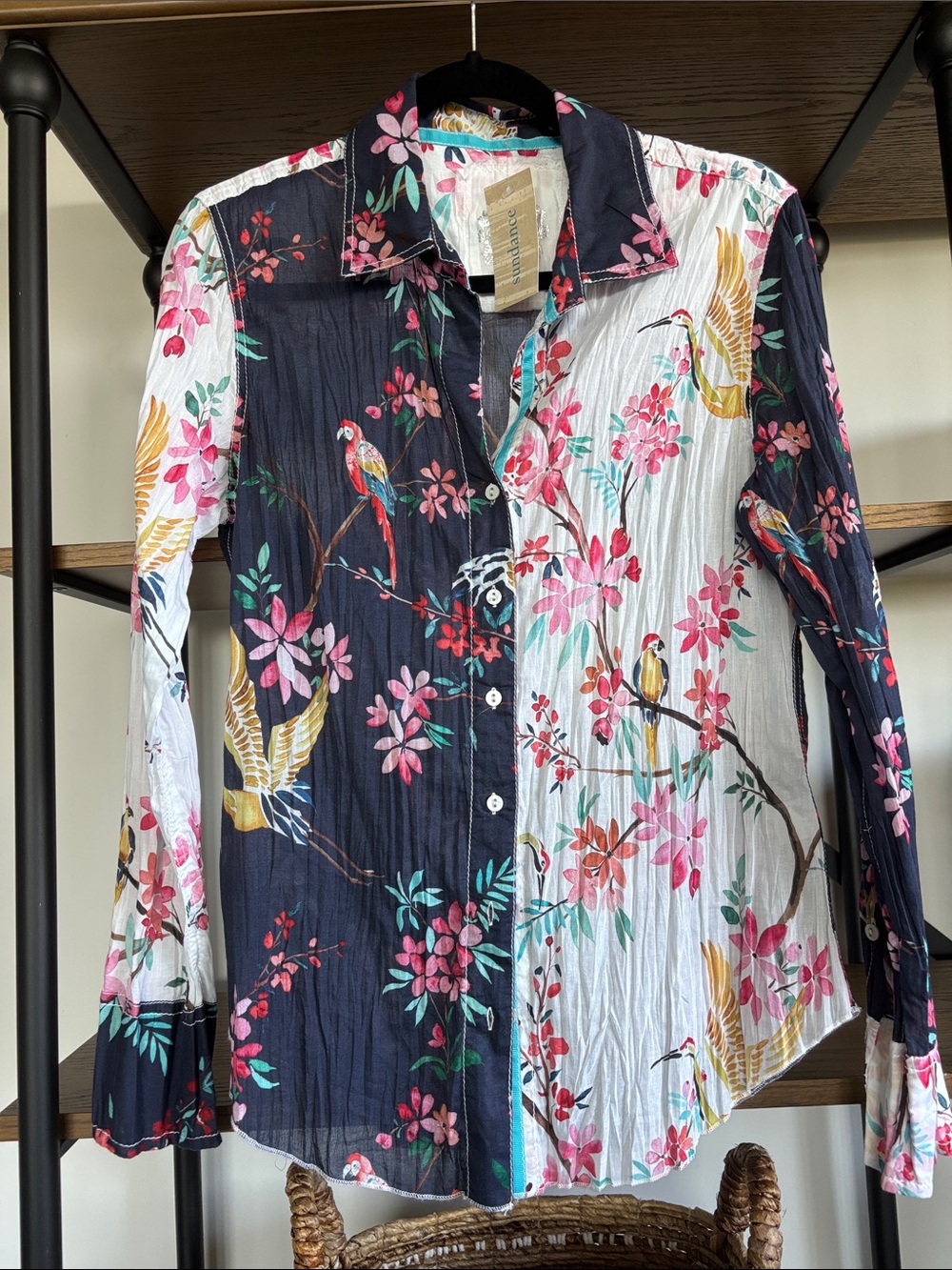 Sundance Floral Parrot Print Button-Up in Navy, White, Teal, Pink